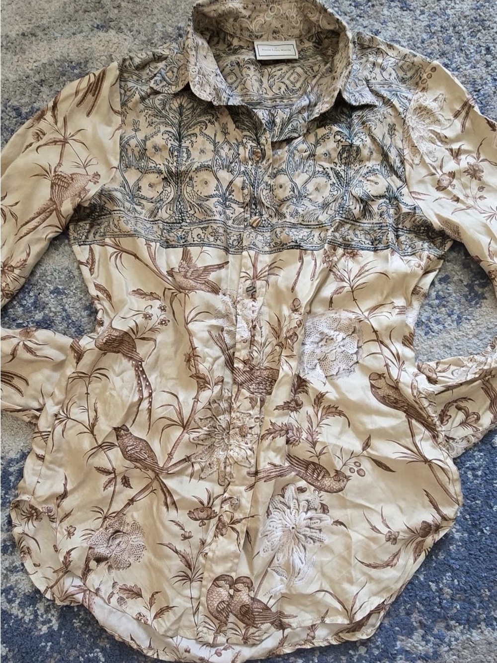 Woven Floral & Bird Print Button-Up Shirt - Beige